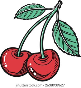 Features a pair of vibrant red cherries with bold outlines, accompanied by stylized green leaves. Set against a clean, white background.