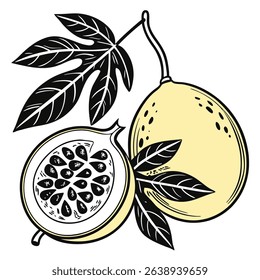 Features passion fruit whole and halved, stylized leaves showcasing a bold black and white contrast on white. Minimalist illustration.