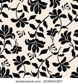 features a pattern of black floral silhouettes and has a light beige background