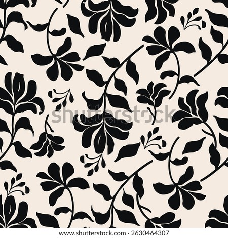 features a pattern of black floral silhouettes and has a light beige background