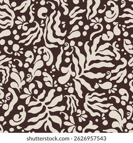 features a pattern of fluid organic shapes. The cream-colored motifs undulate on the dark brown background, creating a natural sense of movement