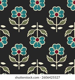 features a pattern of six petaled flowers placed on a black background and repeating in a regular pattern