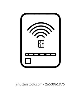 Cuenta con un icono de tarjeta de pago que muestra la tecnología sin contacto con un símbolo inalámbrico; una ilustración simplificada sobre un fondo transparente para un uso versátil.