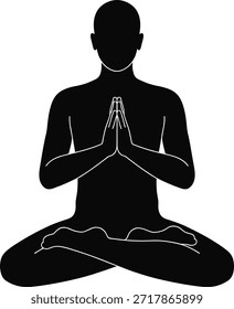 Verfügt über Person in Lotusposition meditierende Silhouette mit Händen in Gebetsposition. Meditierende Pose schwarze Silhouette auf transparentem Hintergrund