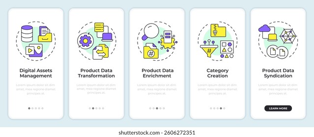 Features of PIM onboarding mobile app screen. Product info management. Walkthrough 5 steps editable graphic instructions with linear concepts. UI, UX, GUI