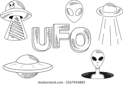 Features playful hand-drawn illustrations of aliens, UFOs, flying saucers, and cosmic elements. Perfect for kids' projects, merchandise, social media, party decor, and web design.