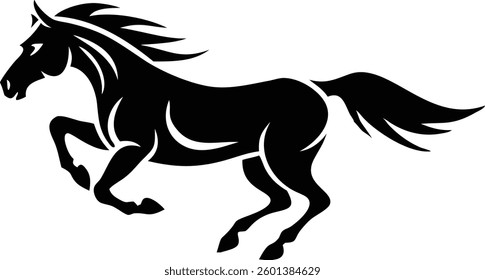 Features a powerful, simplified depiction of a horse in motion. Showcases dynamic energy and flowing lines, rendered in a striking black silhouette against white.