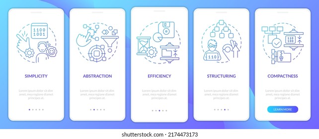 Features of programming languages blue gradient onboarding mobile app screen. Walkthrough 5 steps graphic instructions with linear concepts. UI, UX, GUI template. Myriad Pro-Bold, Regular fonts used