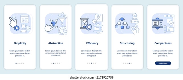 Features of programming languages light blue onboarding mobile app screen. Walkthrough 5 steps instructions pages with linear concepts. UI, UX, GUI template. Myriad Pro-Bold, Regular fonts used