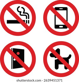 Features prohibition symbols no smoking, no mobile phones, no entry, and no pets. Each icon displays a bold red circle and line over the black silhouette on white.