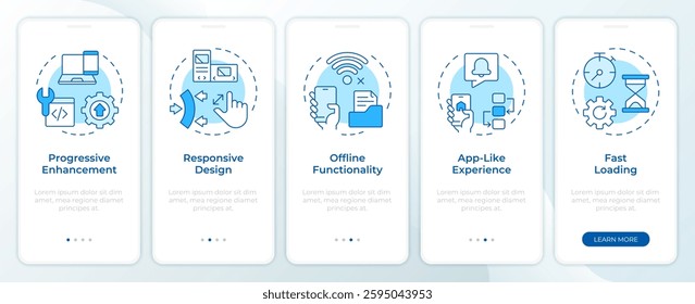 Features of PWAs blue onboarding mobile app screen. Web services. Walkthrough 5 steps editable graphic instructions with linear concepts. UI, UX, GUI template