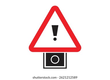 Features a red triangle caution sign with black exclamation mark inside, resting on a black square base, isolated against a clean white background