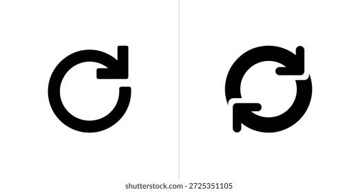 Bietet Symbole zur Auffrischung des Symbols mit einem einzelnen Pfeilkreis und einer doppelten Reload-Schleife, die einen Wiederholungszyklus auf weißem Hintergrund darstellen. Einzeln auf weiß.