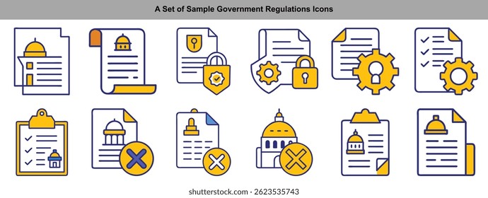 Features regulation and compliance icons, with paper document visuals combined with dome symbols, gears, locks, and checkmarks, using a blue and yellow color scheme.