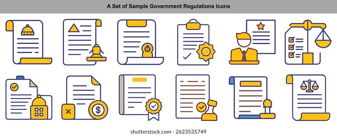 Features regulation documents in blue and yellow, including government seals, approval stamps, and symbolic elements, presented as clean, outlined paper icons.