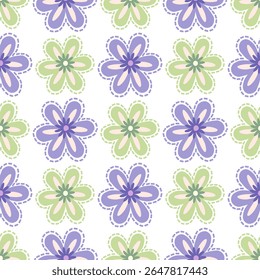 It features repeating lavender and light green flowers with a stitched outline. Vector