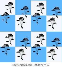 features a repeating pattern of parachutists against a checkered background of blue and white squares. The parachutists, depicted in black silhouette, are shown descending with their parachutes open