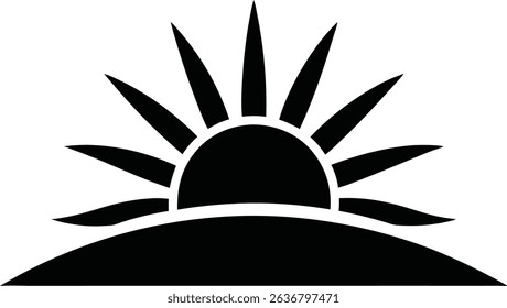 Features a rising sun silhouette above a hill. Graphic has strong contrast, making it ideal for logos. Design on transparent background for easy use.