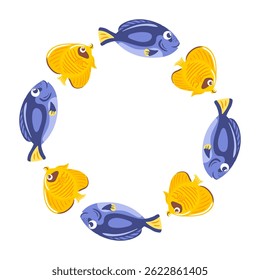 features a round frame showcasing the vibrant blue surgeonfish, Chaetodon semilarvatus. With its striking colors and elegant design, it s perfect for ocean-themed artwork and marine life celebrations