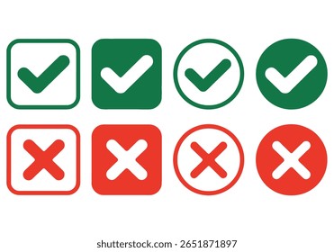 Features rows of four green check marks and four red cross marks. Each row contains variations in square and circle shapes isolated on a white background.