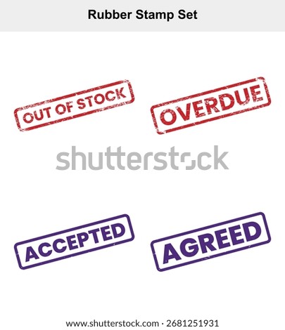 Features a set of four grunge rubber stamps with phrases 'Out of Stock', 'Overdue', 'Accepted', and 'Agreed', displayed against a clean white background.