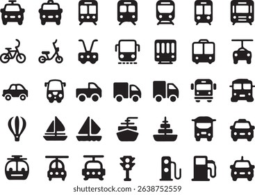 Features a set of icons of various modes of transport, including taxi, train, bicycle, car, bus, ship, with a clean and simple design on transparent background.