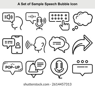 Features a set of outlined speech bubbles, each a different icon, suggesting dialogue and communication on a transparent backdrop.