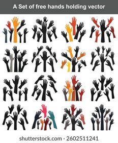 Features a set of silhouette-style hands raised. Color palette includes black, beige, and red tones, set against a clean white backdrop.