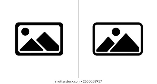 Features a set of two black picture icons against transparent background, showcasing mountain peaks and sun with distinct, rounded corners.