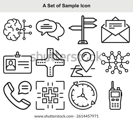 Features a set of various line art icons, rendered in clean black outlines, each symbol distinct and detailed, set against a transparent backdrop.