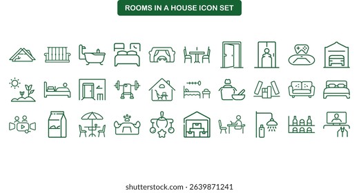 Features a set of various rooms and facilities with line art style on transparent background. The icons are green and represent home rooms and amenities.