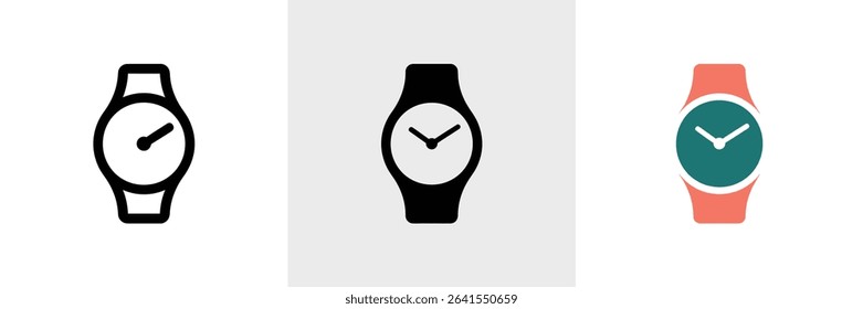 Features a set of watches in a flat vector style, with different design variations, highlighting clean lines and modern aesthetic. Shows timepiece in a simple and elegant style.