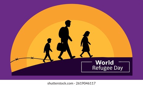Features silhouettes of a parent and two children walking along a landscape with barbed wire detail, set against an orange gradient and purple background.