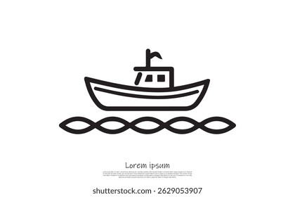 Apresenta um simples ícone de barco preto que cruza nas ondas do oceano, renderizado como um vetor limpo com um design minimalista contra um fundo transparente.