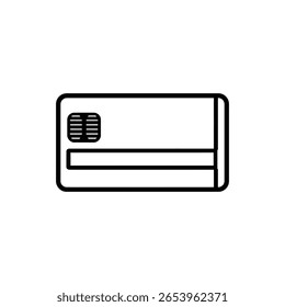 Cuenta con un diseño de icono de tarjeta de crédito simple en estilo de contorno con esquinas redondeadas y una banda magnética, establecido contra un fondo transparente.