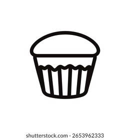 Features a simple cupcake icon in line art, showcasing a clean vector outline and a transparent backdrop ideal for versatile graphic designs and layouts.