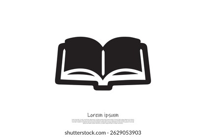 Features a simple, flat, black open book icon vector, isolated with a transparent background, emphasizing a clean and minimalist design style.
