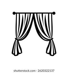Cuenta con un sencillo y estilizado ícono blanco y negro de cortinas de ventana atadas, mostrando Elementos de diseño minimalistas sobre un fondo blanco.