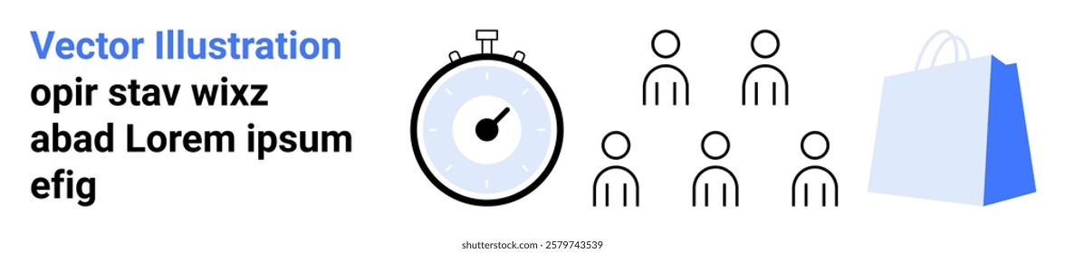 Features simplified people icons, a stopwatch, and a shopping bag. Ideal for time management, team coordination, shopping, business, and e-commerce themes. Landing page