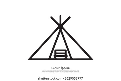 Features a simplified teepee tent outline vector drawing with a transparent backdrop, embodying a camping sign icon. The starkness of the design enhances versatility.