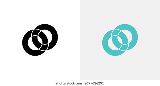 Features simplistic, flat design interlocking rings icon in black and cyan color scheme, isolated against a neutral white backdrop. Cleanly designed geometric shapes.