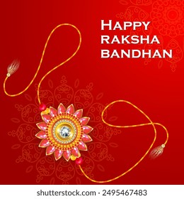  It features a single Rakhi decorated with a gold flower design and a central diamond the background is red with a golden floral pattern the text Happy Raksha Bandhan is also written in the image