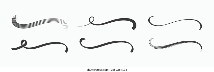 Features six unique black swirls and curls design elements on a clean white background. Includes varied styles, from simple curves to textured brushstrokes.