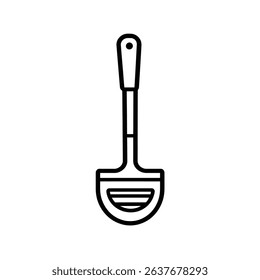 Features a sleek black outline of a ladle icon with a long handle and a hollow head, set against a transparent background. Modern and minimalist design.