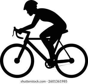 Features a sleek black silhouette of a woman cyclist wearing a helmet riding a road bike, set against a clean, isolated white background, highlighting cycling.