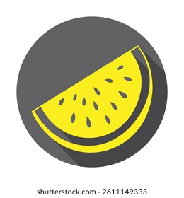 Features a slice of yellow watermelon with seeds, encased in a long shadow gray circle, presented as a flat vector icon over a transparent background.