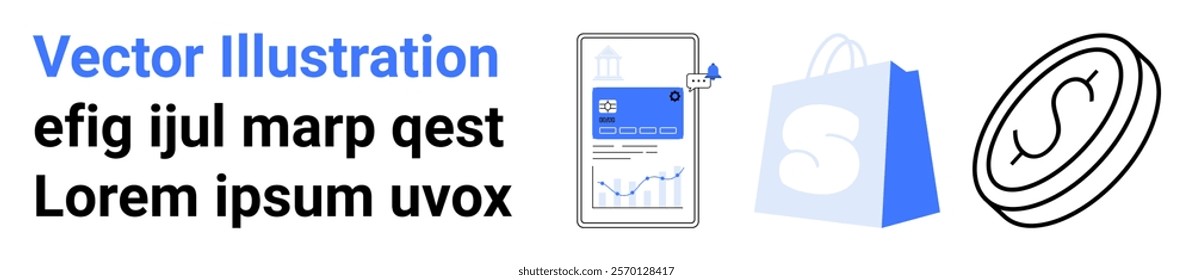 Features a smartphone with analytics, a shopping bag, and a coin. Ideal for e-commerce, mobile apps, online business, shopping technology and digital marketing. Landing page