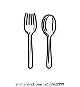 Possui uma colher e um garfo lado a lado em um estilo de contorno, exibido em um fundo branco limpo que destaca itens essenciais de utensílios de cozinha.