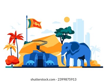 Merkmale Sri Lankas - moderne, farbige Vektorgrafik mit nationaler Flagge, Sigiriya, Touristenberg, Elefanten, Hochhäuser einer modernen Stadt auf dem Hintergrund und tropischer Natur