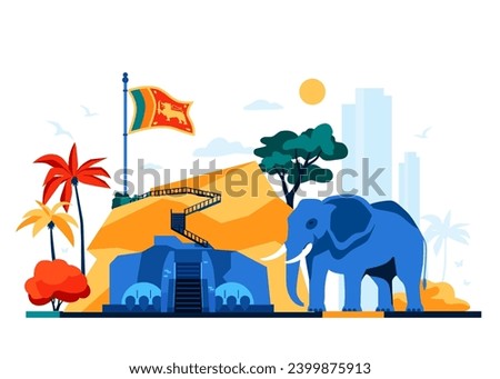 Features of Sri Lanka - modern colored vector illustration with national flag, Sigiriya, tourist mountain, elephant, high-rise buildings of a modern city on the background and tropical nature